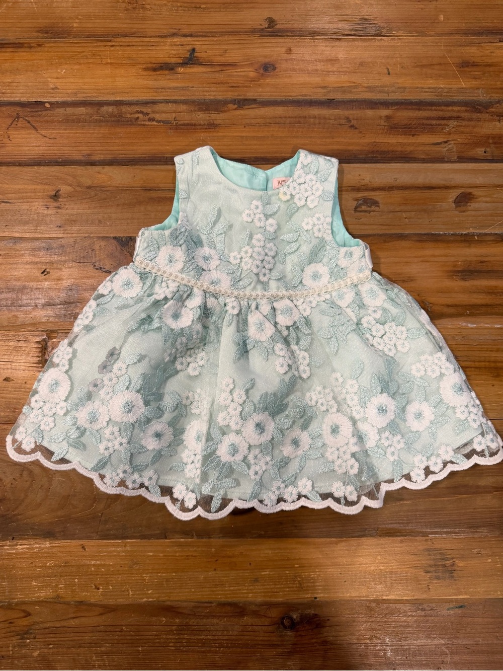 Just Lizzy Mint Green Embroidered Floral Lace Pearl Baby Dress 3/6M